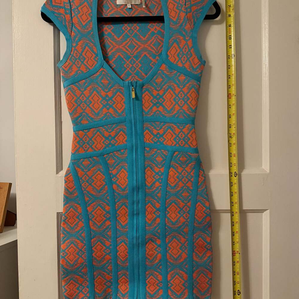 Stretta Bodycon Bandage Dress. Front Zipper. Teal And Coral. Small